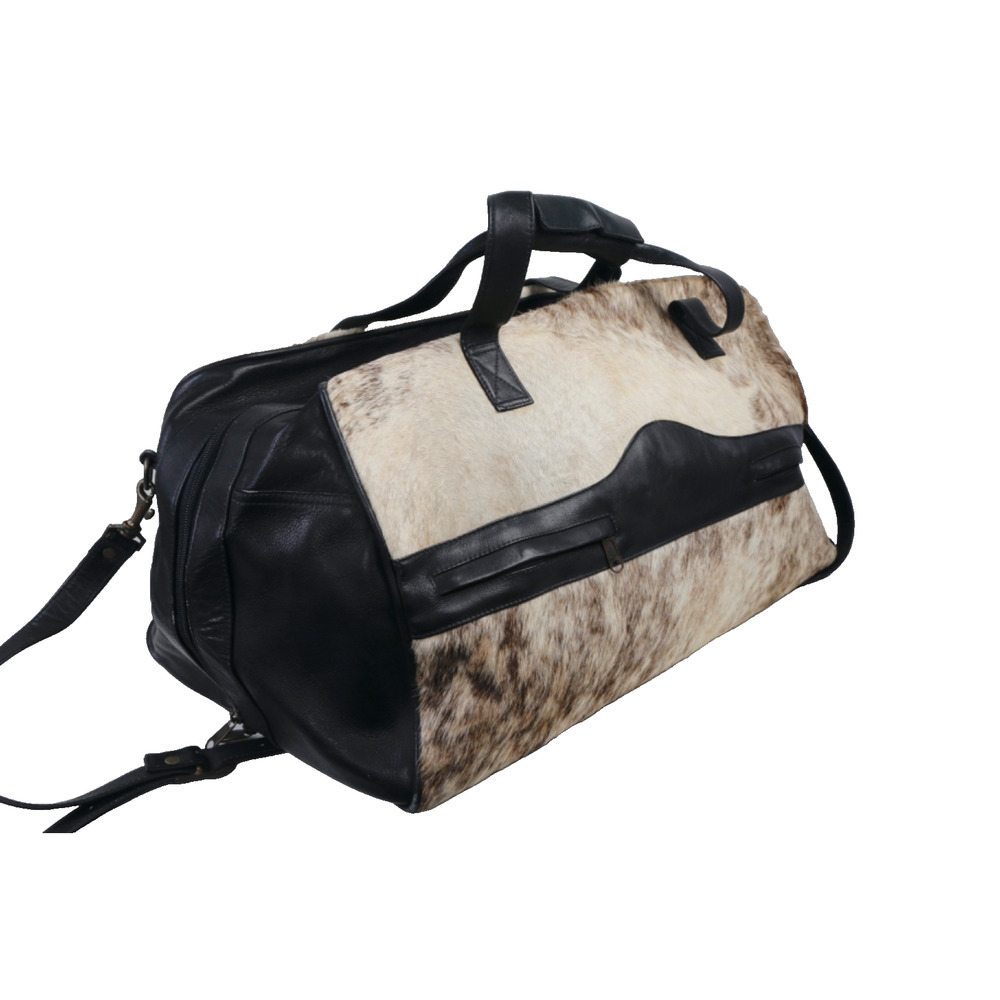 Large Travel Bag Calf Hair Leather Weekender Duffle Gym Bag Black Ivory Carryall
